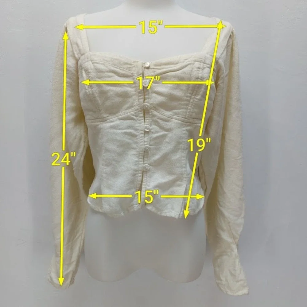Free People Blouse Women's Small Cream Corset Button Front Puff Sleeve Tie Back